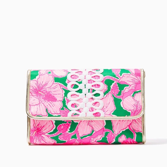 Oversized Lily Pulitzer Lilly Hot Pink Green Hibis Kiss Envelope Pouch Clutch - Picture 3 of 6